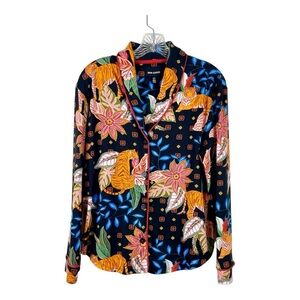 Room Service Long Sleeved Button Front Pajama Top Jungle Tiger Print Colorful M